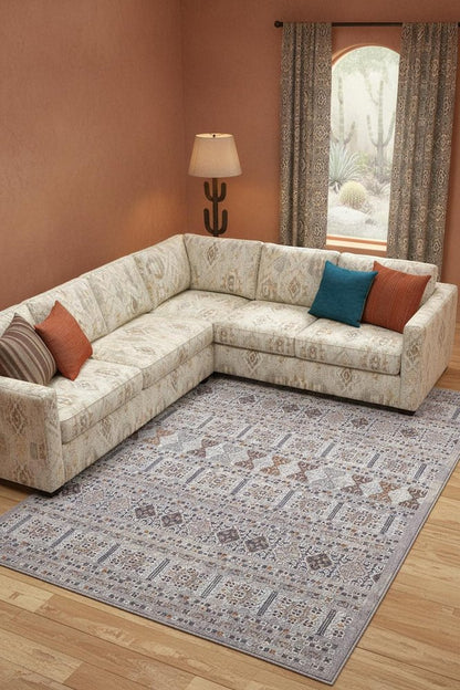 12' X 15' Orange Gray And White Geometric Power Loom Distressed Stain Resistant Area Rug