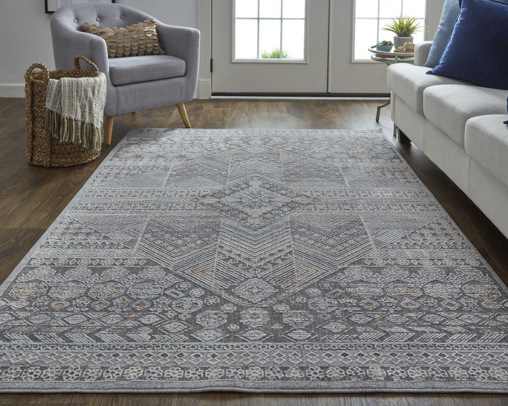 4' X 6' Ivory And Gray Geometric Power Loom Distressed Stain Resistant Area Rug