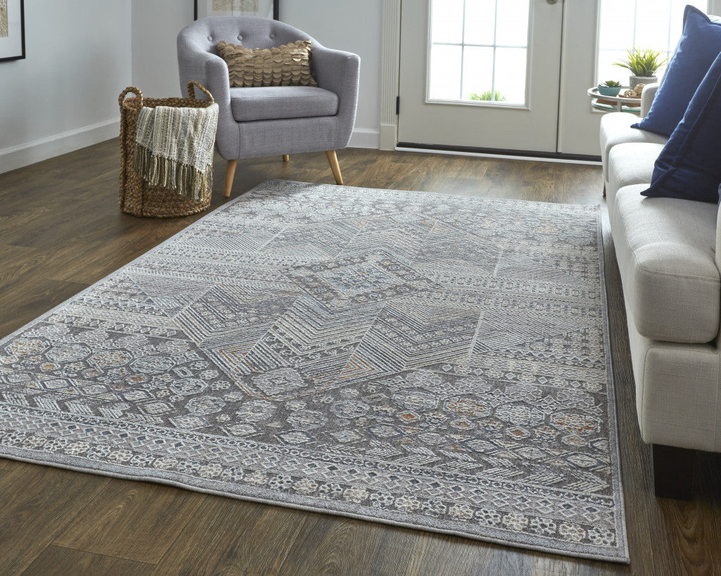 4' X 6' Ivory And Gray Geometric Power Loom Distressed Stain Resistant Area Rug