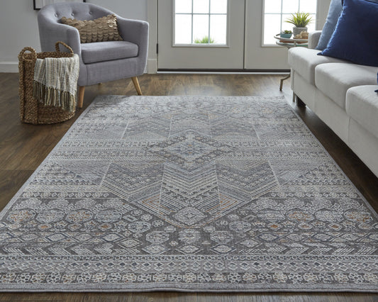 12' X 15' Ivory And Gray Geometric Power Loom Distressed Stain Resistant Area Rug