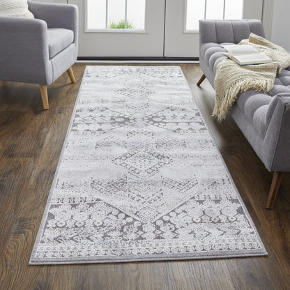 12' X 15' Ivory And Gray Geometric Power Loom Distressed Stain Resistant Area Rug