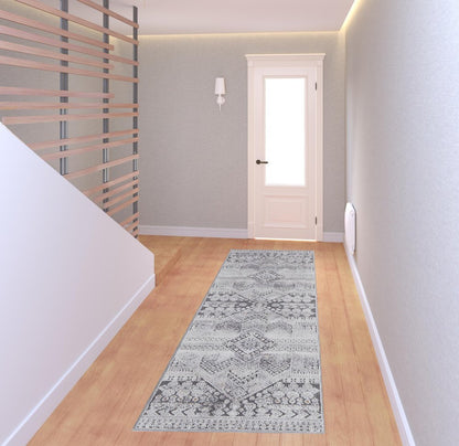 12' X 15' Ivory And Gray Geometric Power Loom Distressed Stain Resistant Area Rug