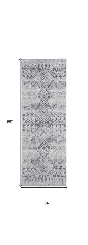 12' X 15' Ivory And Gray Geometric Power Loom Distressed Stain Resistant Area Rug