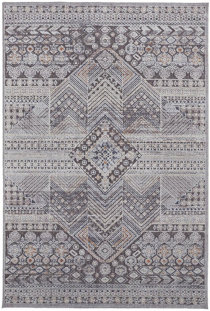 12' X 15' Ivory And Gray Geometric Power Loom Distressed Stain Resistant Area Rug