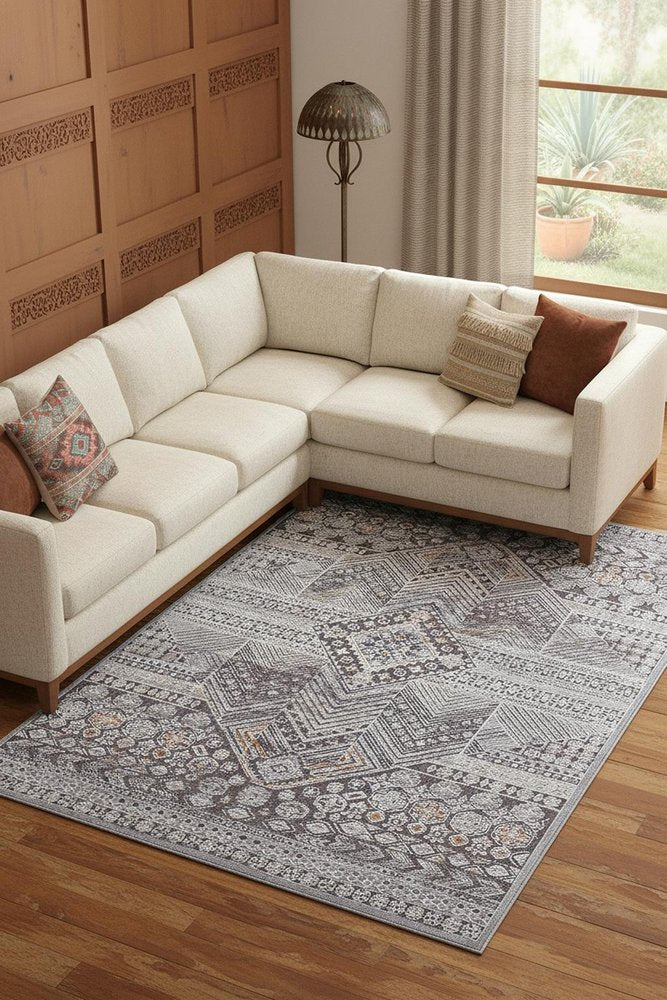 12' X 15' Ivory And Gray Geometric Power Loom Distressed Stain Resistant Area Rug