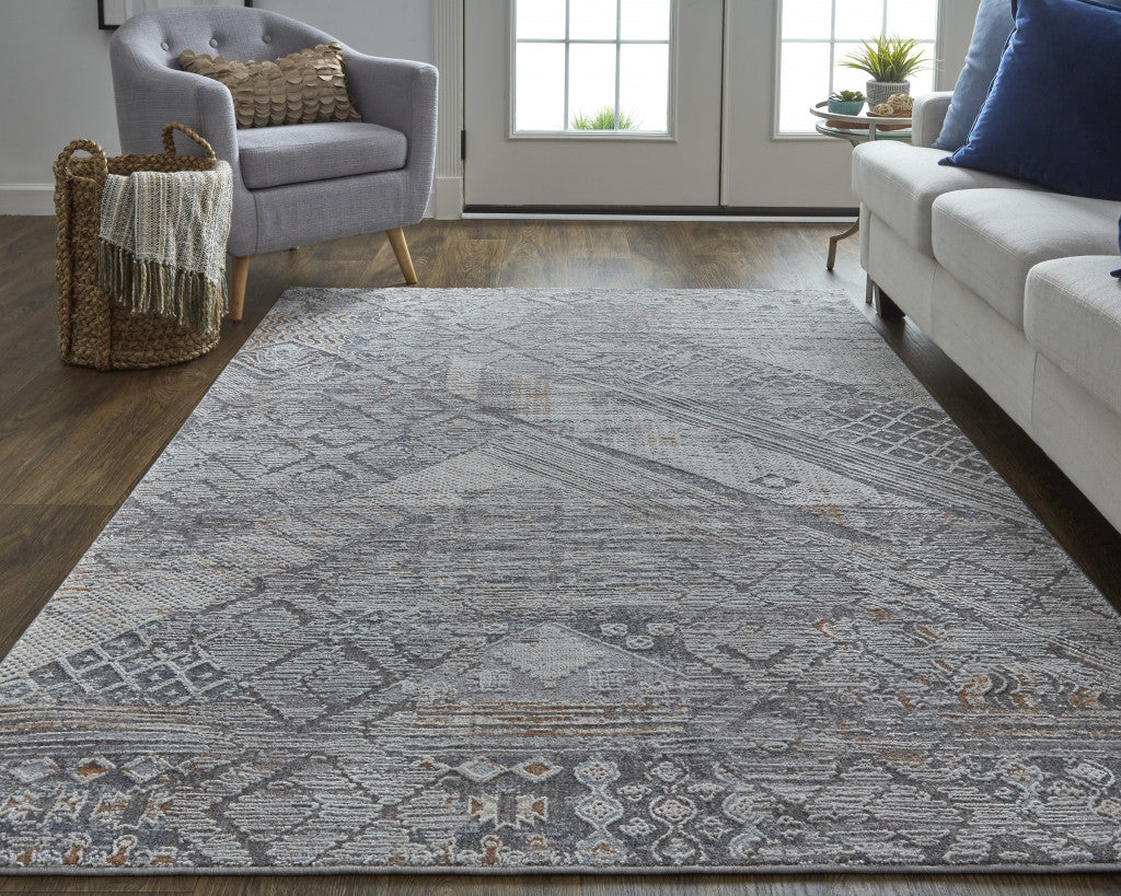 4' X 6' Ivory And Gray Geometric Power Loom Distressed Stain Resistant Area Rug