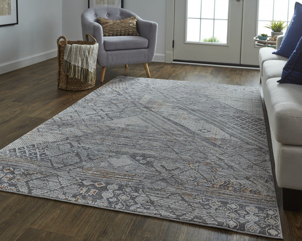 8' X 10' Ivory And Gray Geometric Power Loom Distressed Stain Resistant Area Rug