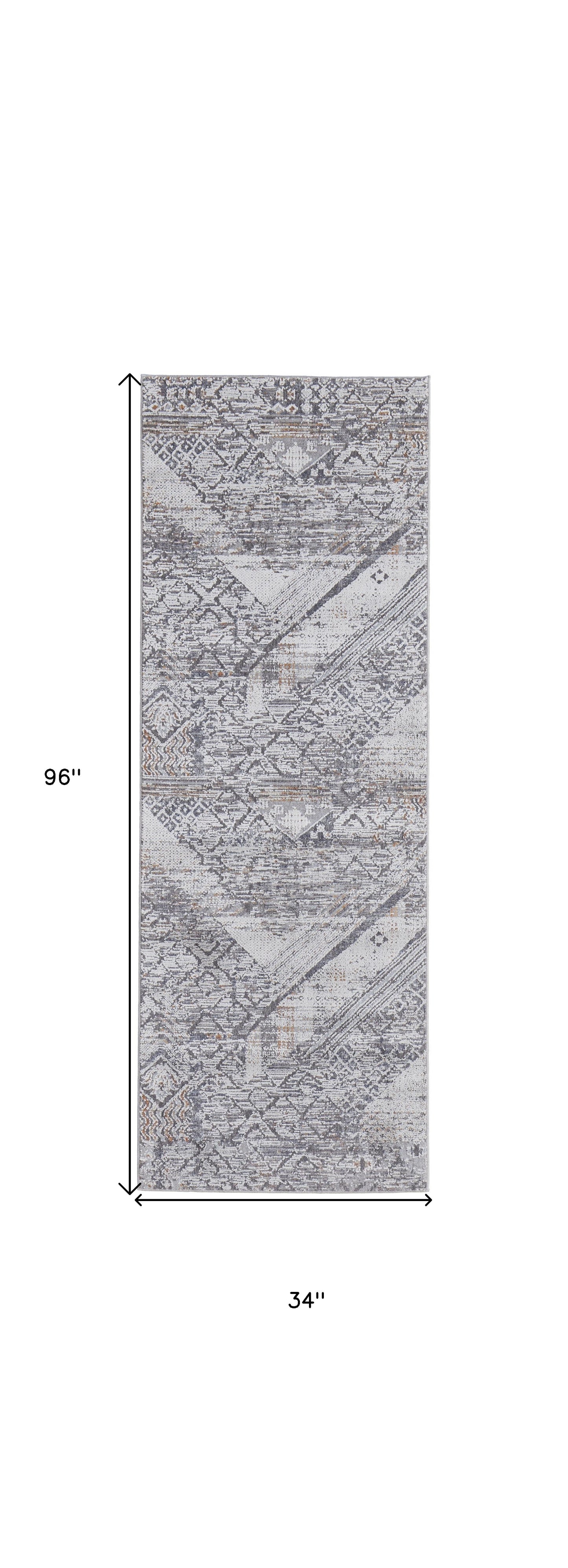 8' X 10' Ivory And Gray Geometric Power Loom Distressed Stain Resistant Area Rug