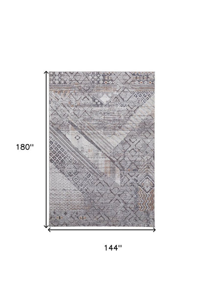 12' X 15' Ivory And Gray Geometric Power Loom Distressed Stain Resistant Area Rug