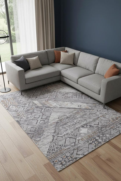 12' X 15' Ivory And Gray Geometric Power Loom Distressed Stain Resistant Area Rug