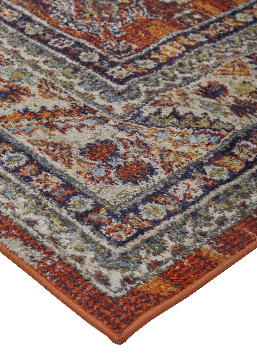 8' Taupe Gray And Blue Round Floral Stain Resistant Area Rug