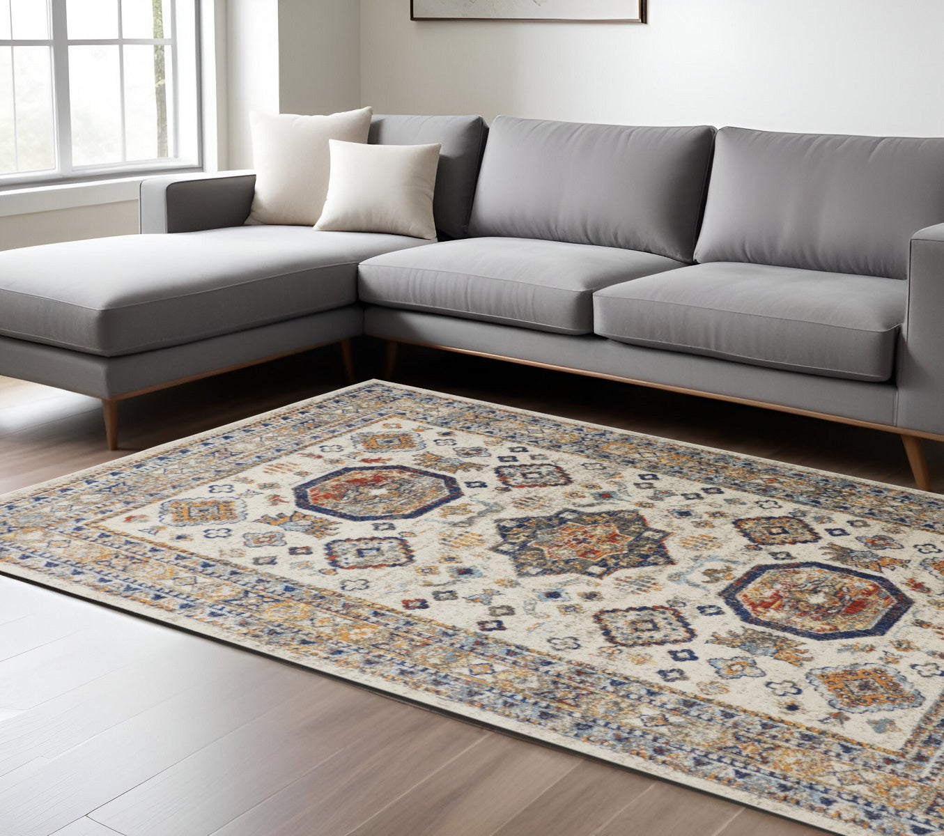 7' X 10' Ivory and Blue Floral Non Skid Area Rug