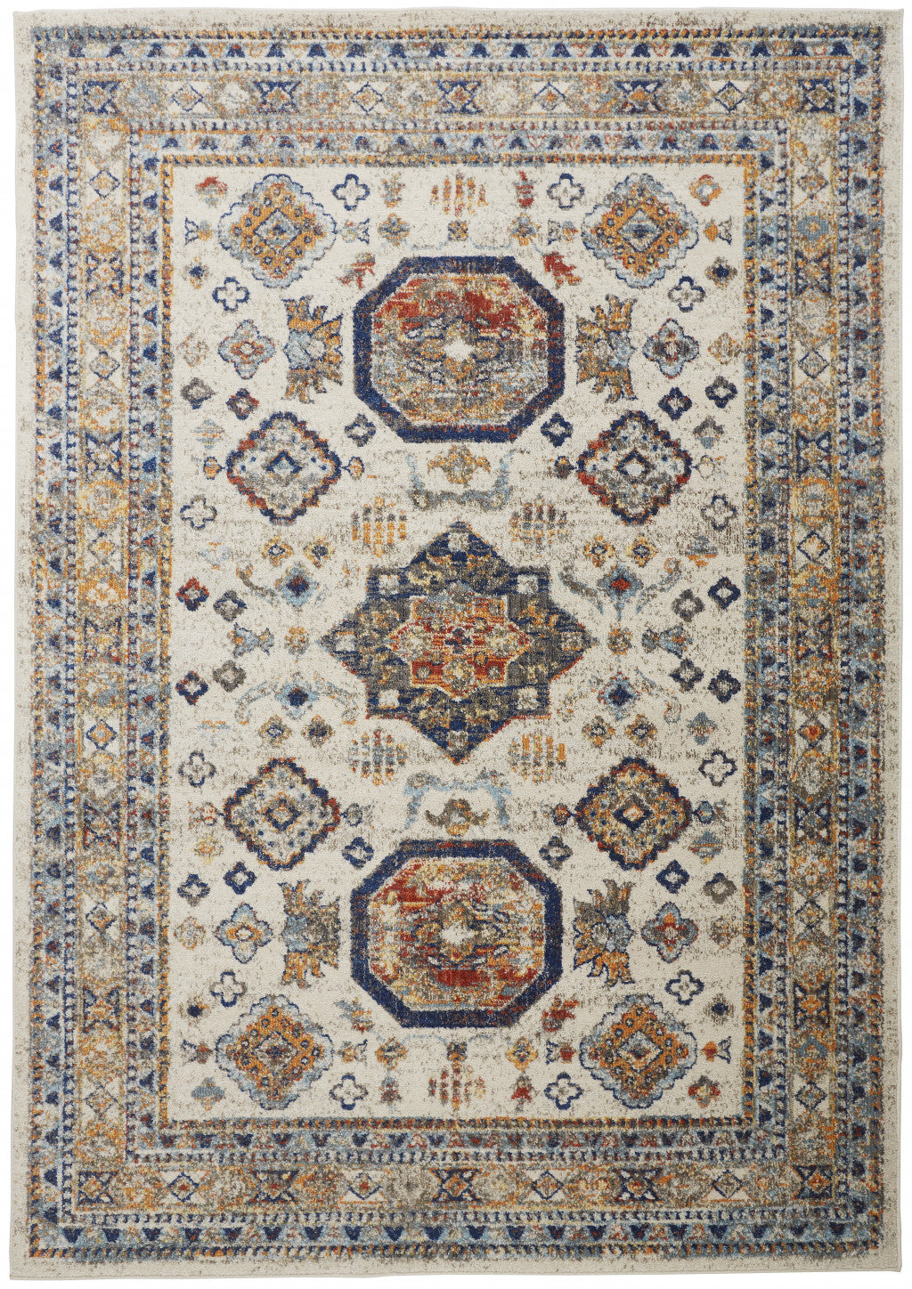 7' X 10' Ivory and Blue Floral Non Skid Area Rug