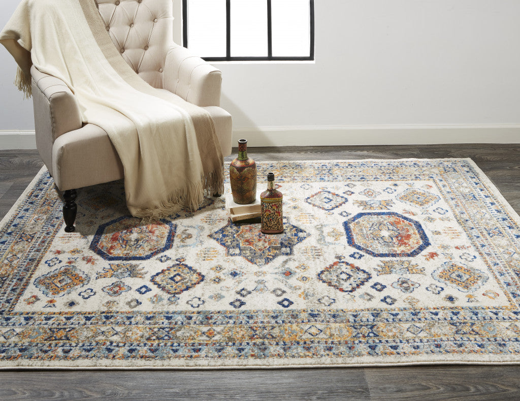 7' X 10' Ivory and Blue Floral Non Skid Area Rug