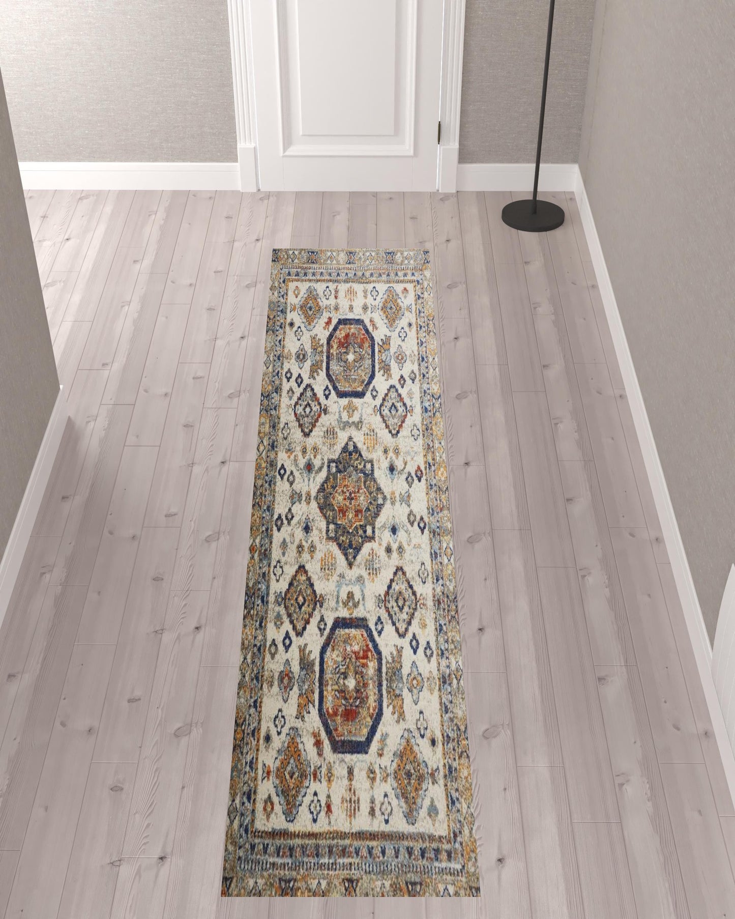 8' Gray Brown And Blue Round Floral Stain Resistant Area Rug