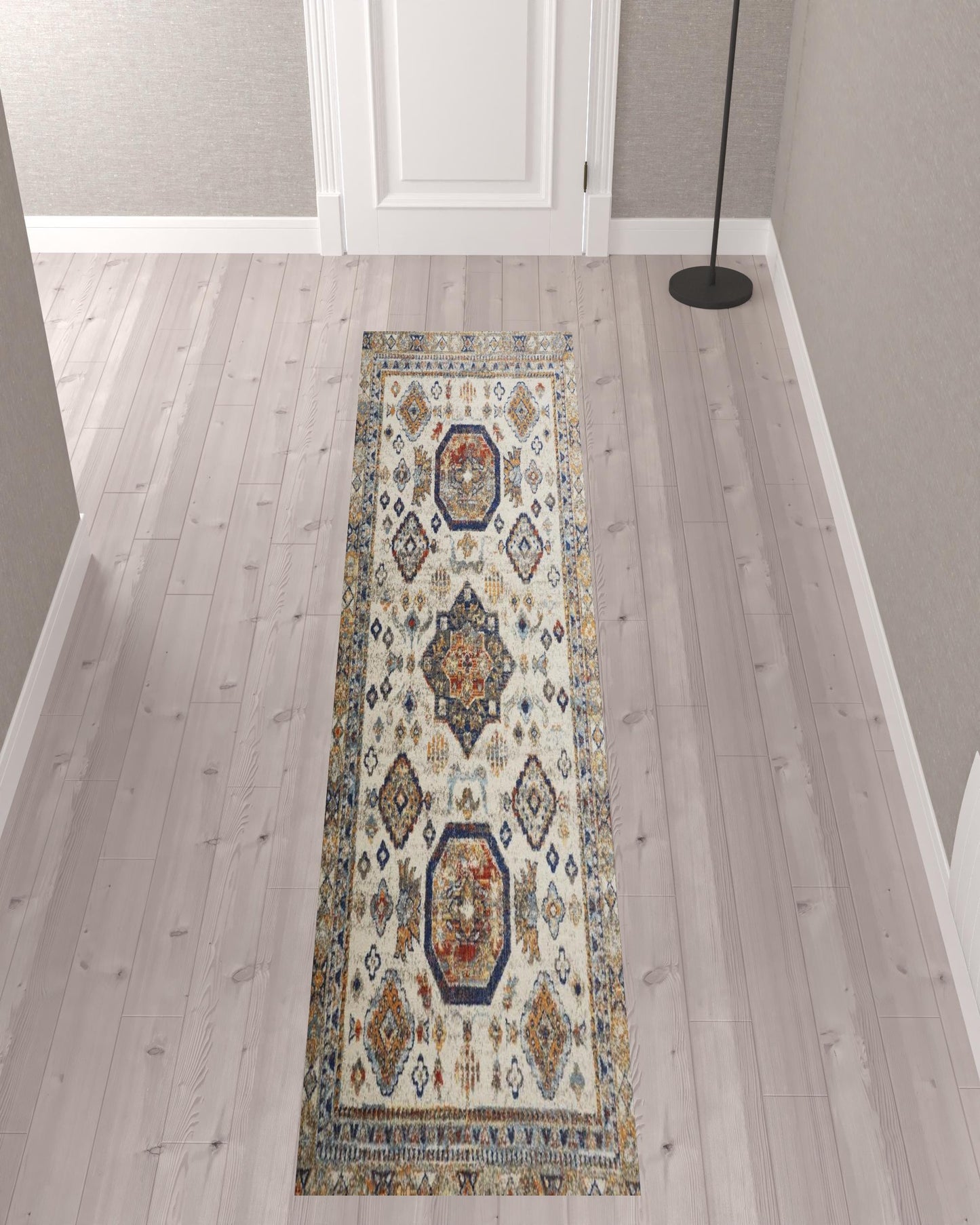 7' X 10' Ivory and Blue Floral Non Skid Area Rug