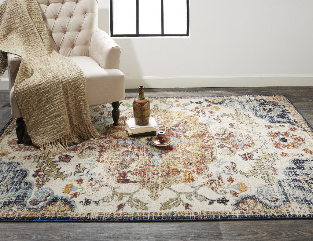 8' X 11' Ivory Gold And Blue Floral Stain Resistant Area Rug