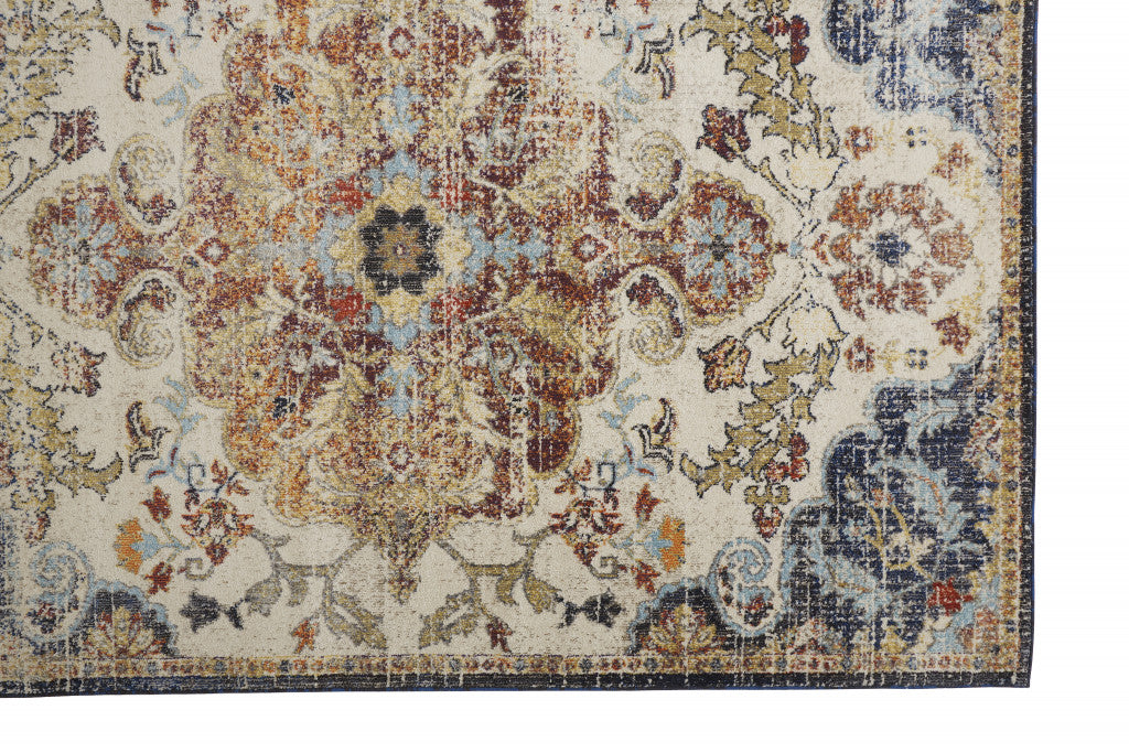 8' X 11' Ivory Gold And Blue Floral Stain Resistant Area Rug