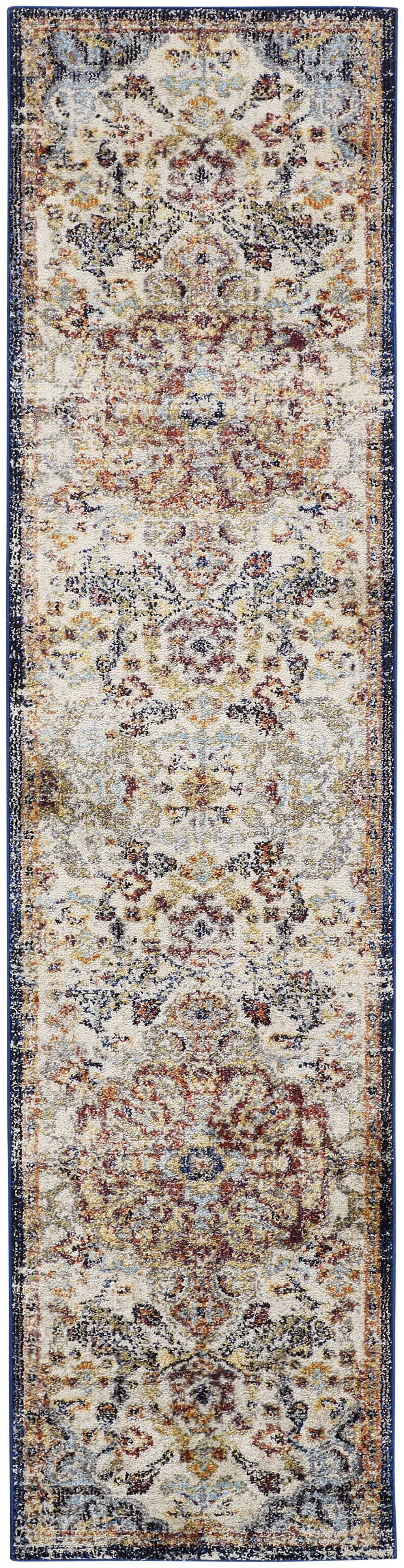 8' X 11' Ivory Gold And Blue Floral Stain Resistant Area Rug