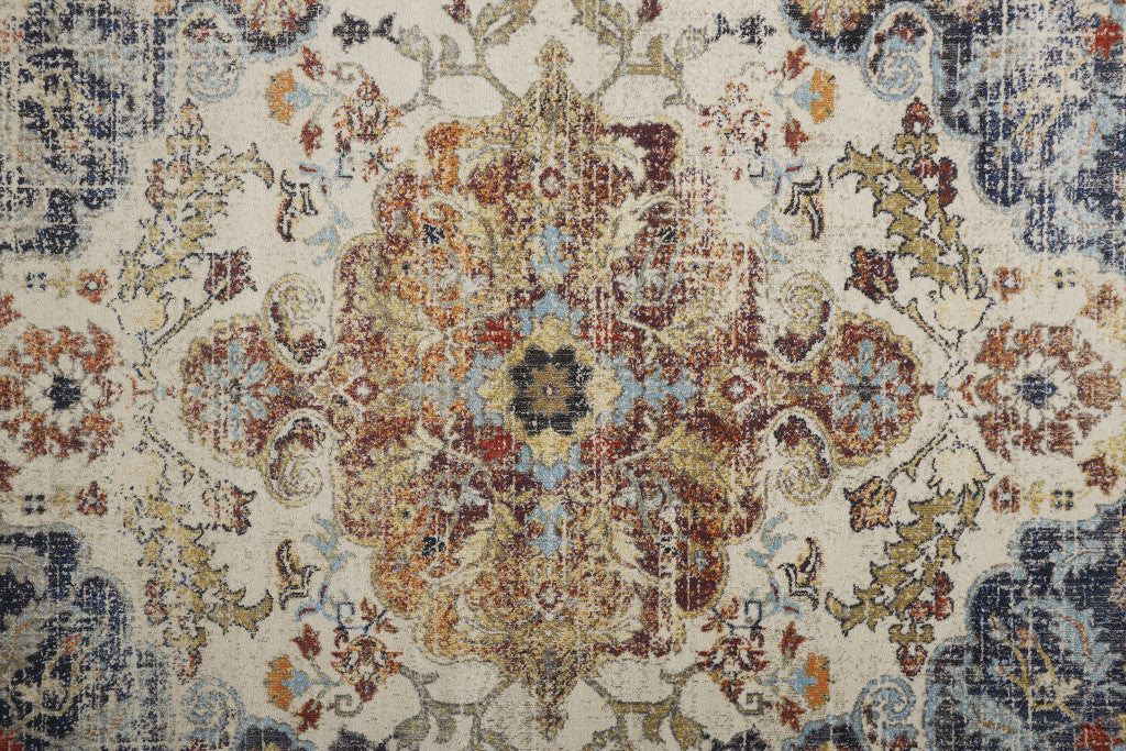 8' X 11' Ivory Gold And Blue Floral Stain Resistant Area Rug