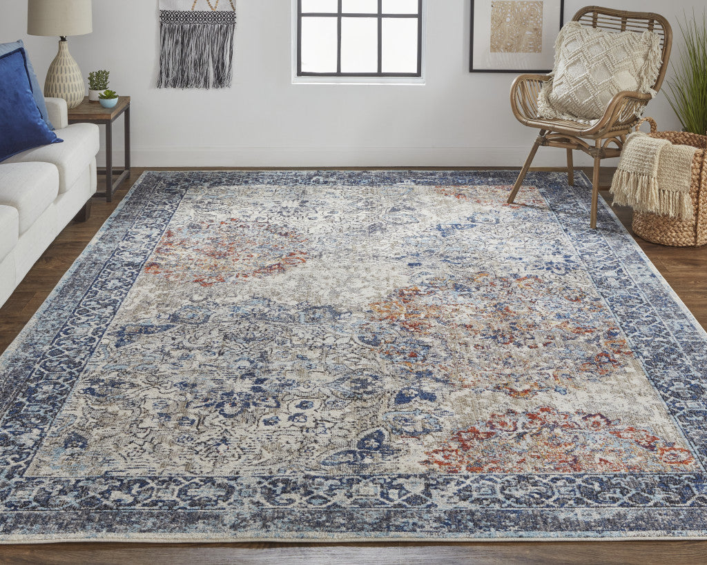 5' X 8' Blue Ivory And Red Floral Power Loom Distressed Stain Resistant Area Rug