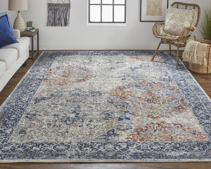 7' X 10' Blue and Ivory Floral Power Loom Distressed Non Skid Area Rug