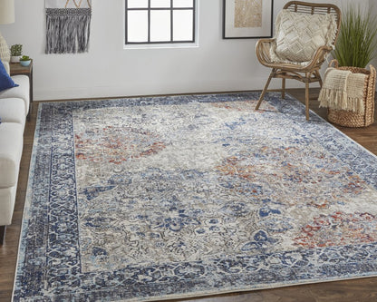 7' X 10' Blue and Ivory Floral Power Loom Distressed Non Skid Area Rug