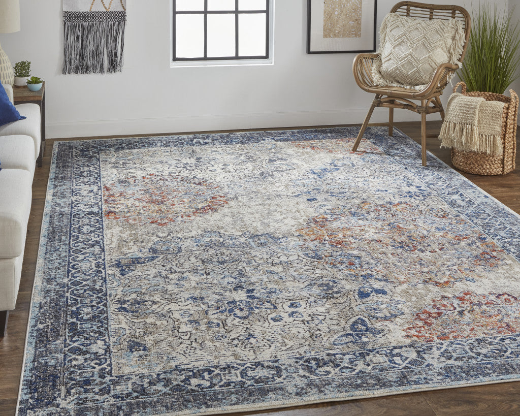 5' X 8' Blue Ivory And Red Floral Power Loom Distressed Stain Resistant Area Rug