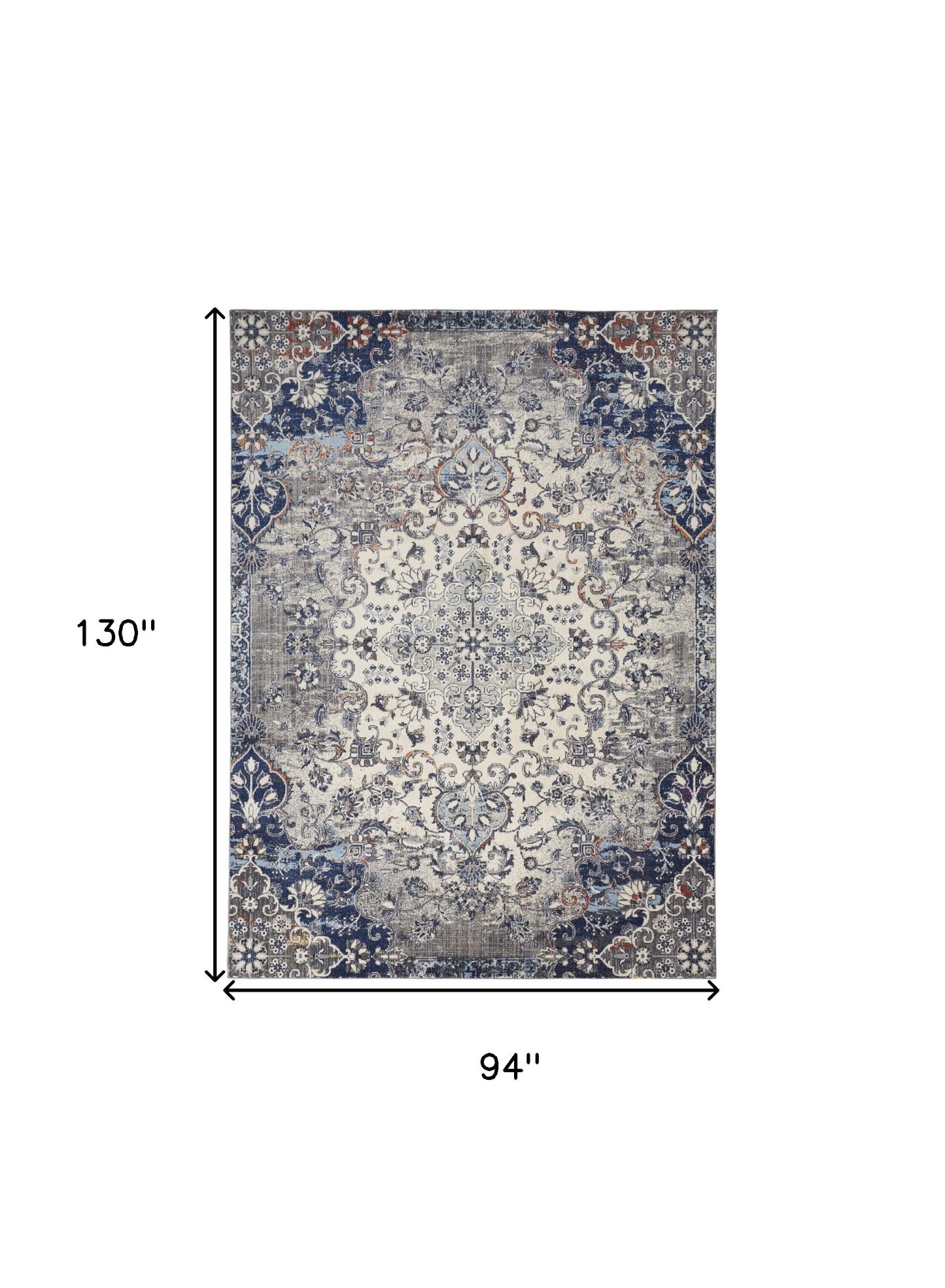 5' X 8' Ivory Gray And Blue Floral Power Loom Distressed Stain Resistant Area Rug