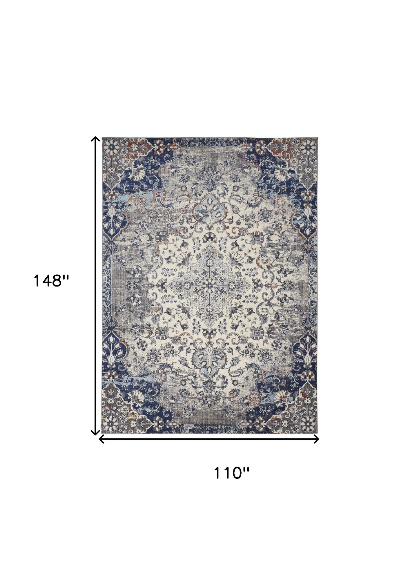 5' X 8' Ivory Gray And Blue Floral Power Loom Distressed Stain Resistant Area Rug