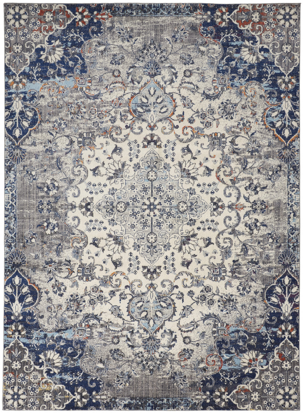 5' X 8' Ivory Gray And Blue Floral Power Loom Distressed Stain Resistant Area Rug