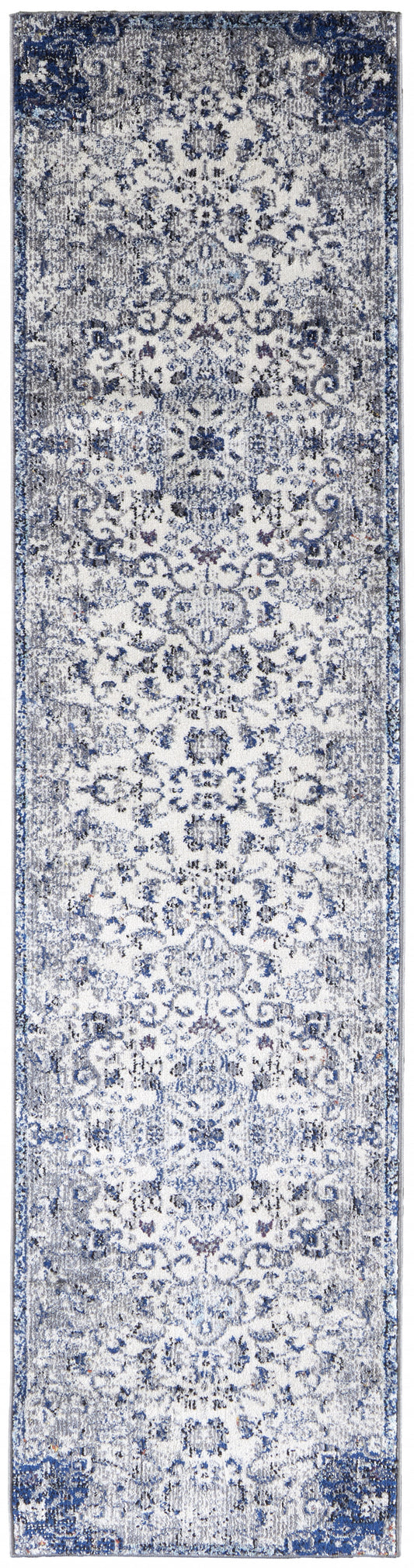 7' X 10' Ivory Gray And Blue Floral Power Loom Distressed Stain Resistant Area Rug