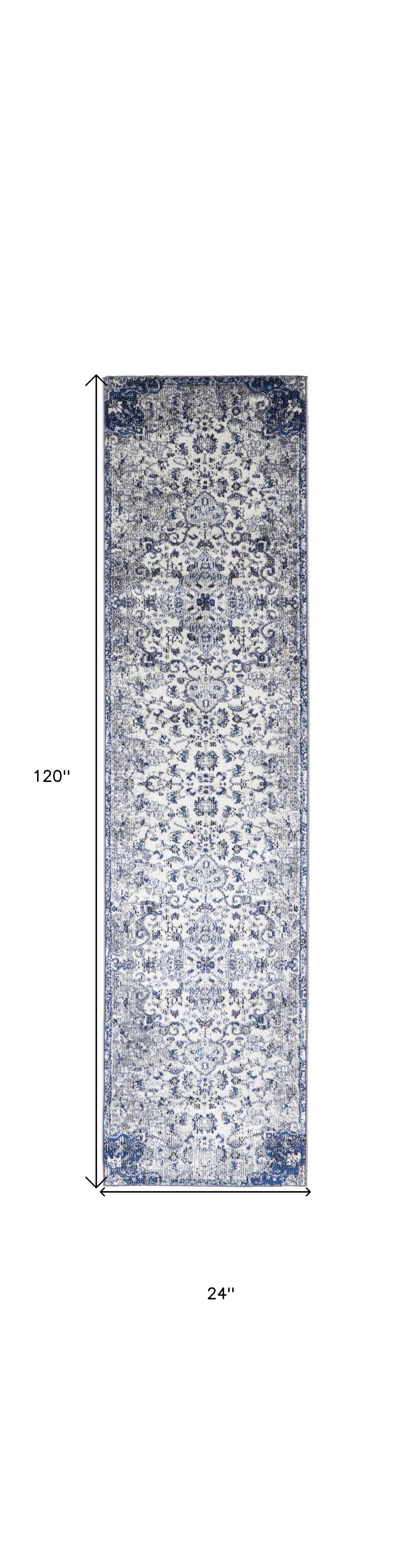 5' X 8' Ivory Gray And Blue Floral Power Loom Distressed Stain Resistant Area Rug