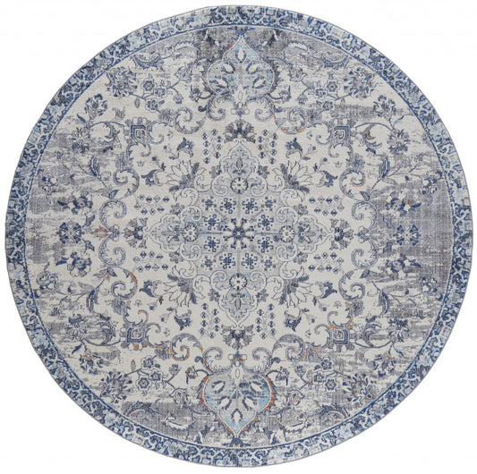 5' X 8' Ivory Gray And Blue Floral Power Loom Distressed Stain Resistant Area Rug