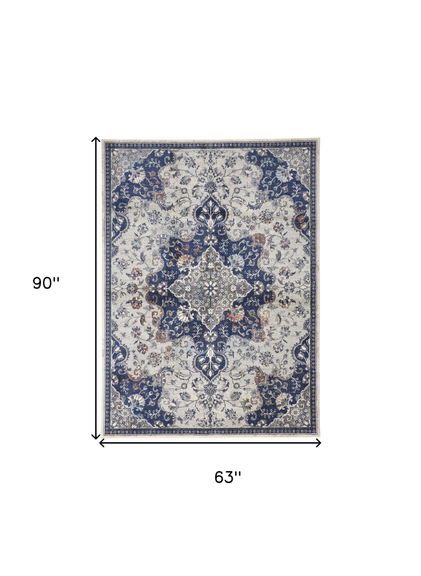 5' X 8' Gray Ivory And Blue Floral Power Loom Distressed Stain Resistant Area Rug