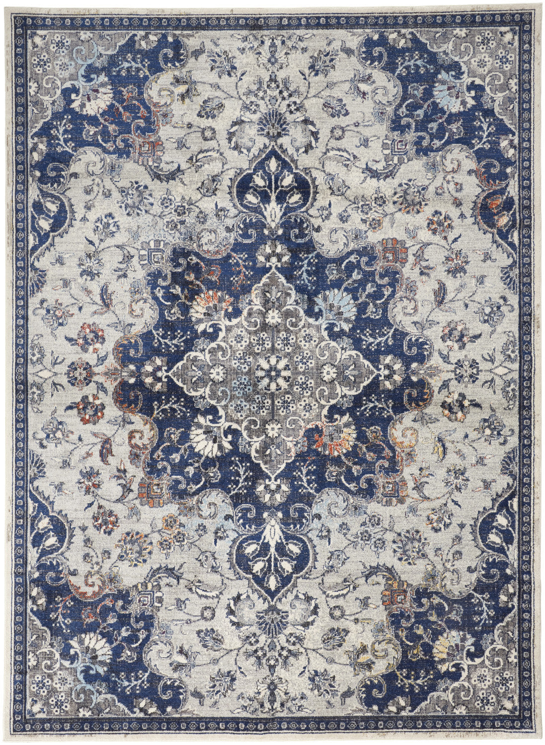 5' X 8' Gray Ivory And Blue Floral Power Loom Distressed Stain Resistant Area Rug