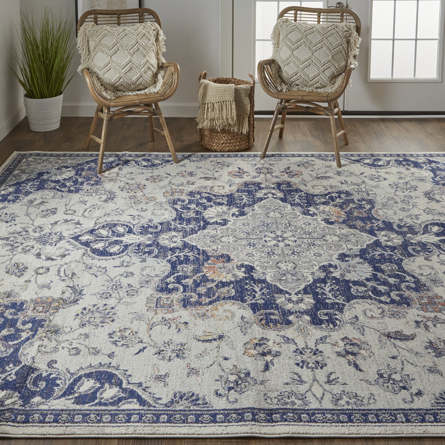 5' X 8' Gray Ivory And Blue Floral Power Loom Distressed Stain Resistant Area Rug