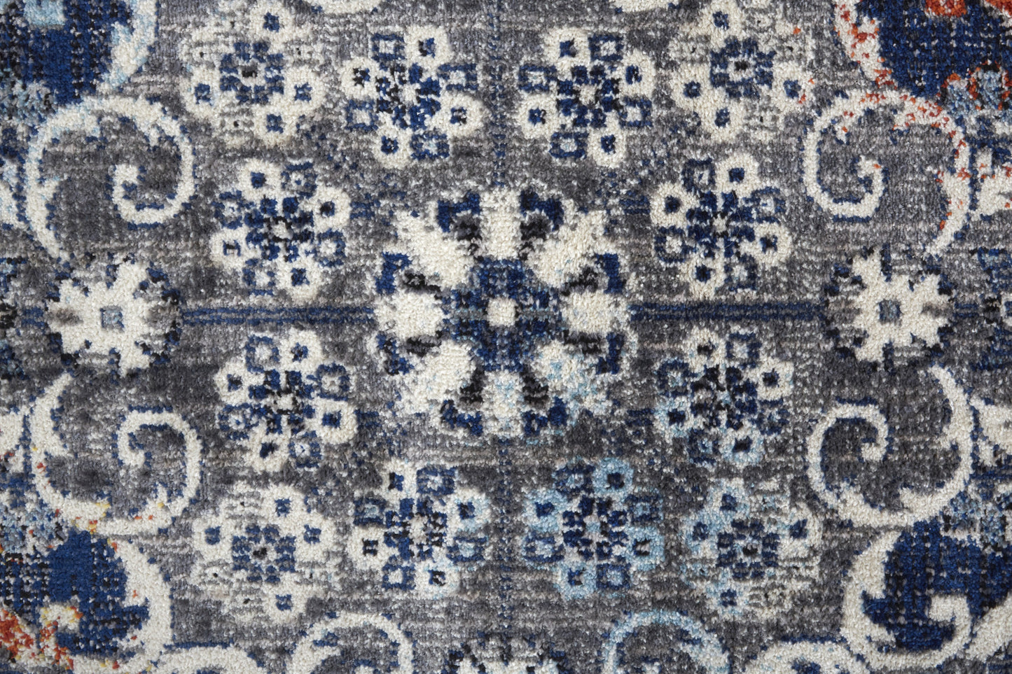 5' X 8' Gray Ivory And Blue Floral Power Loom Distressed Stain Resistant Area Rug