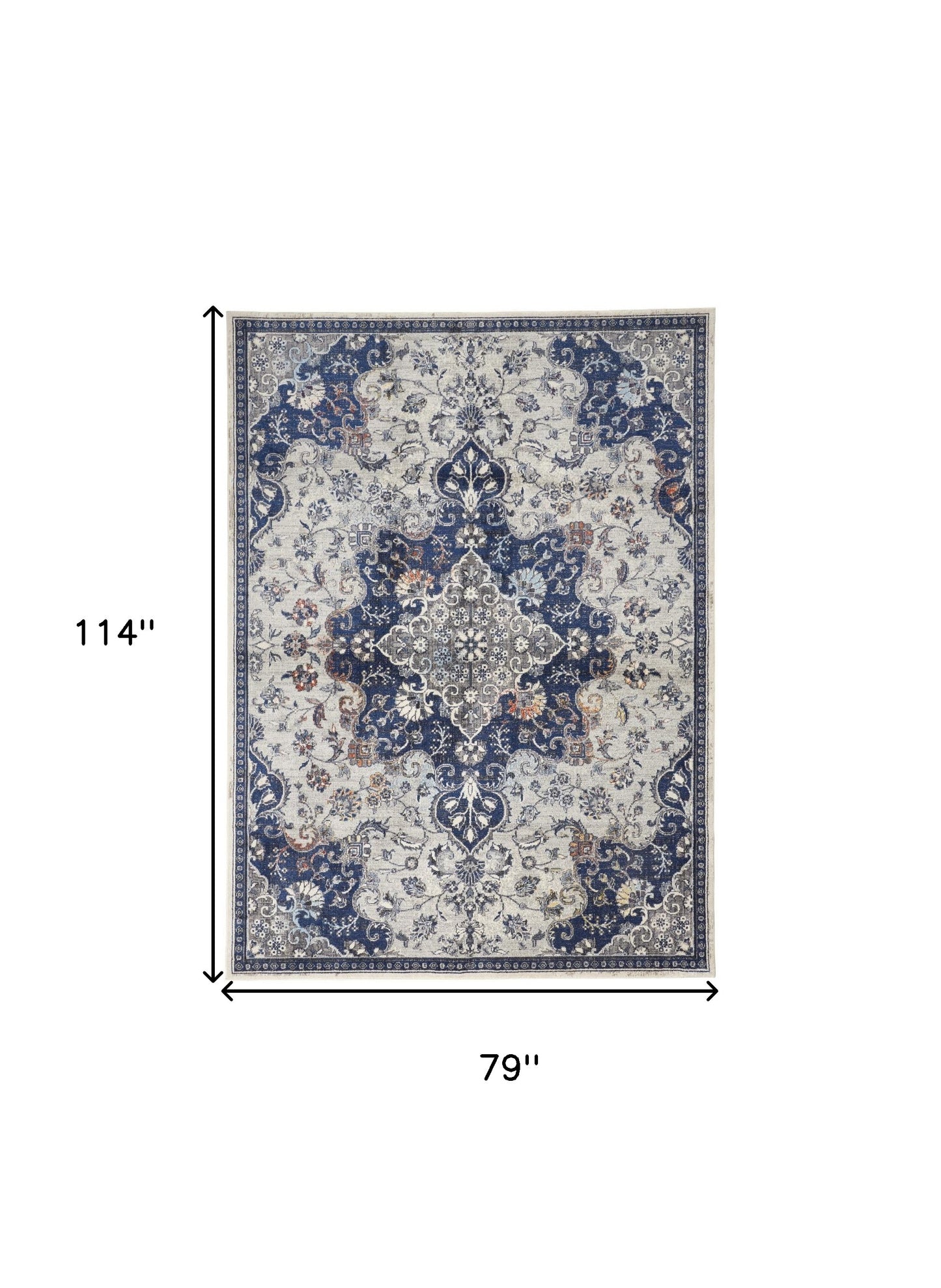 5' X 8' Gray Ivory And Blue Floral Power Loom Distressed Stain Resistant Area Rug