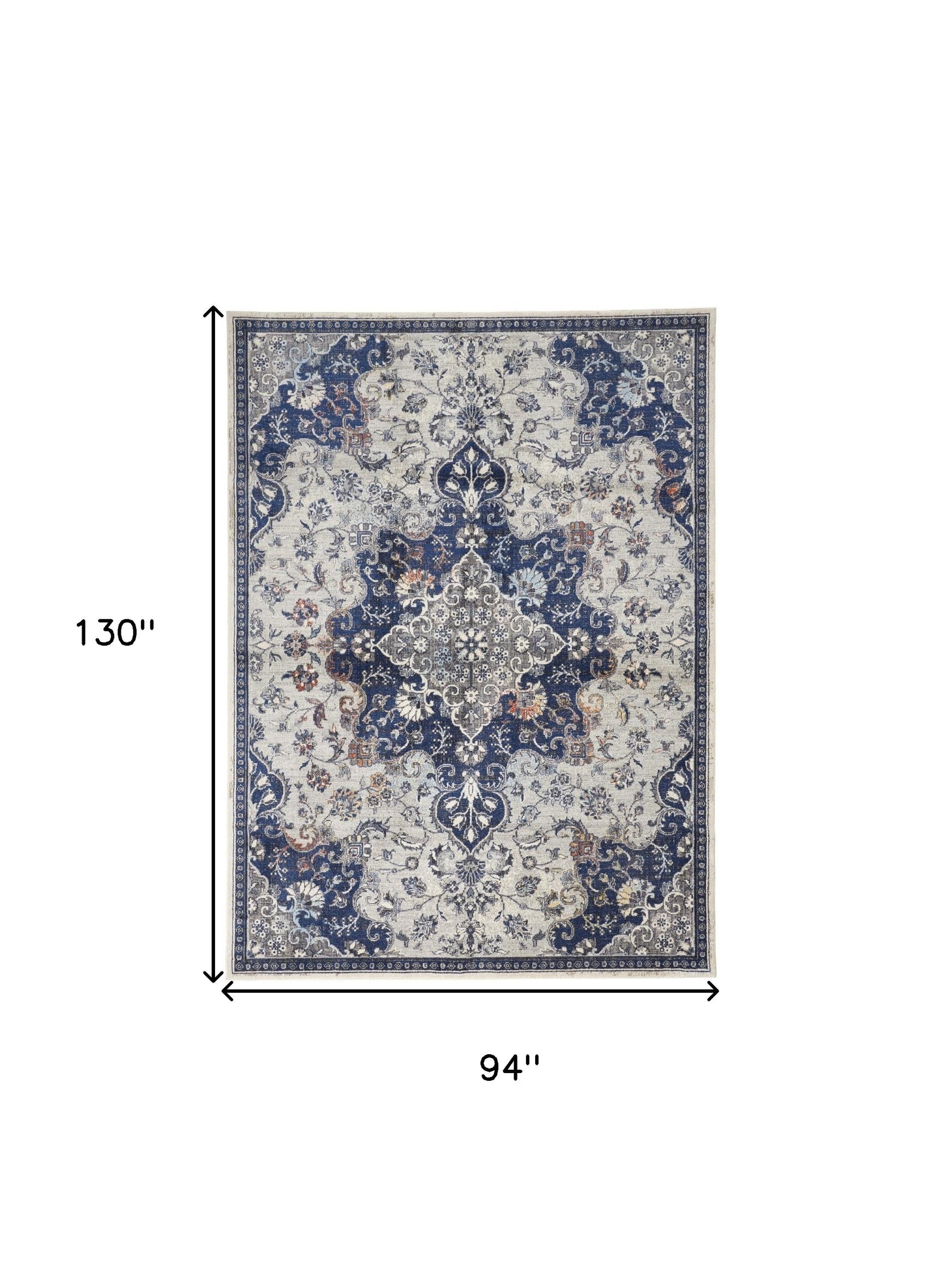 5' X 8' Gray Ivory And Blue Floral Power Loom Distressed Stain Resistant Area Rug