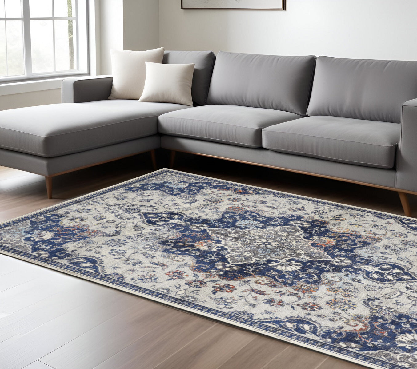 5' X 8' Gray Ivory And Blue Floral Power Loom Distressed Stain Resistant Area Rug