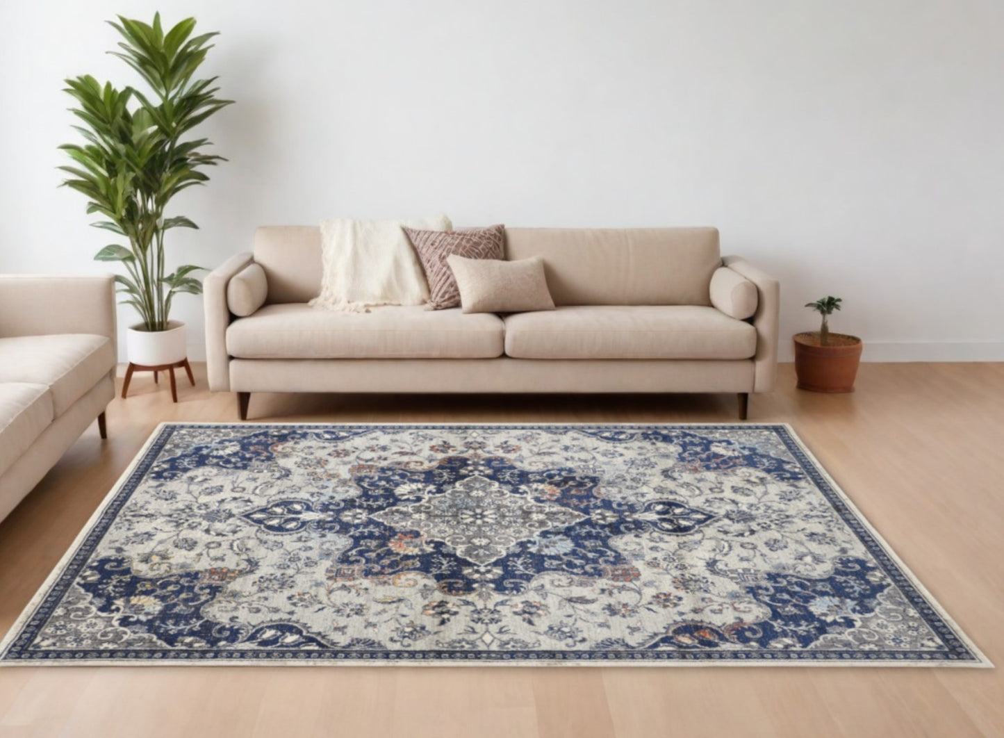 5' X 8' Gray Ivory And Blue Floral Power Loom Distressed Stain Resistant Area Rug