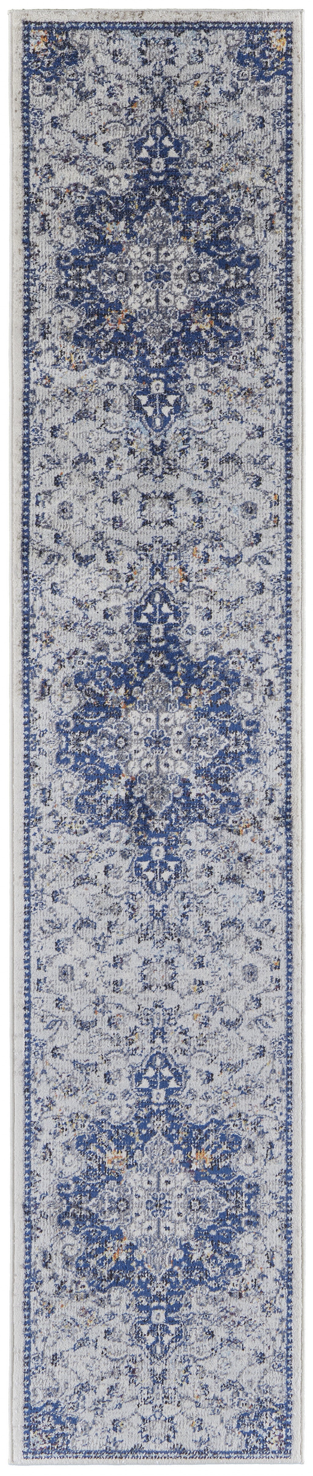 5' X 8' Gray Ivory And Blue Floral Power Loom Distressed Stain Resistant Area Rug