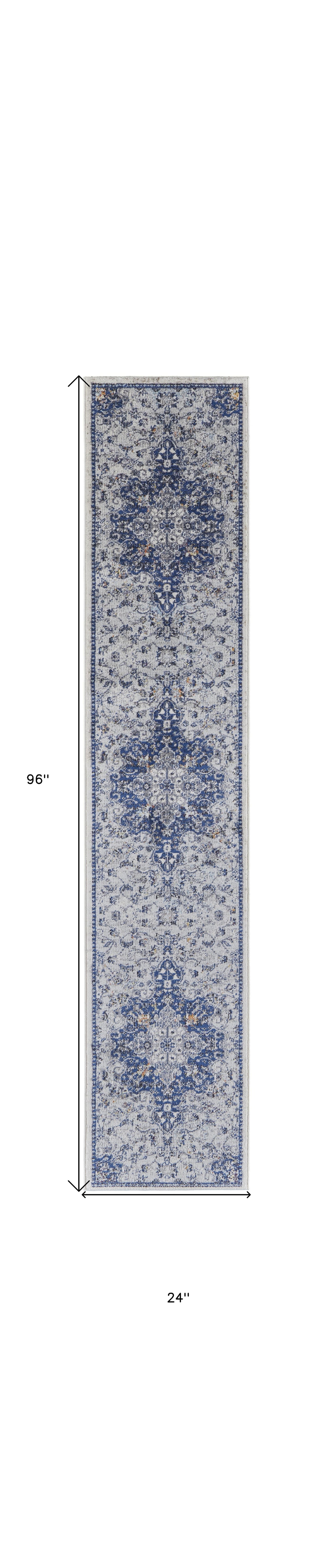 5' X 8' Gray Ivory And Blue Floral Power Loom Distressed Stain Resistant Area Rug