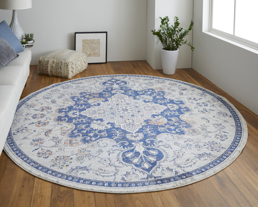 5' X 8' Gray Ivory And Blue Floral Power Loom Distressed Stain Resistant Area Rug