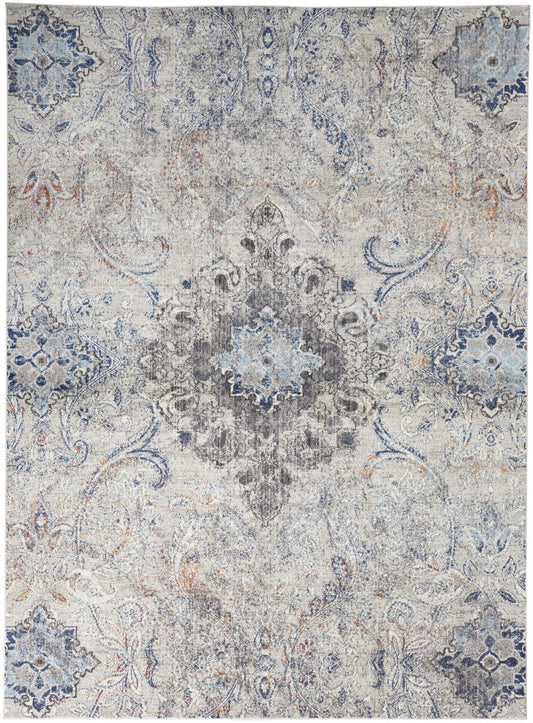 8' X 11' Ivory Taupe And Blue Floral Power Loom Distressed Stain Resistant Area Rug