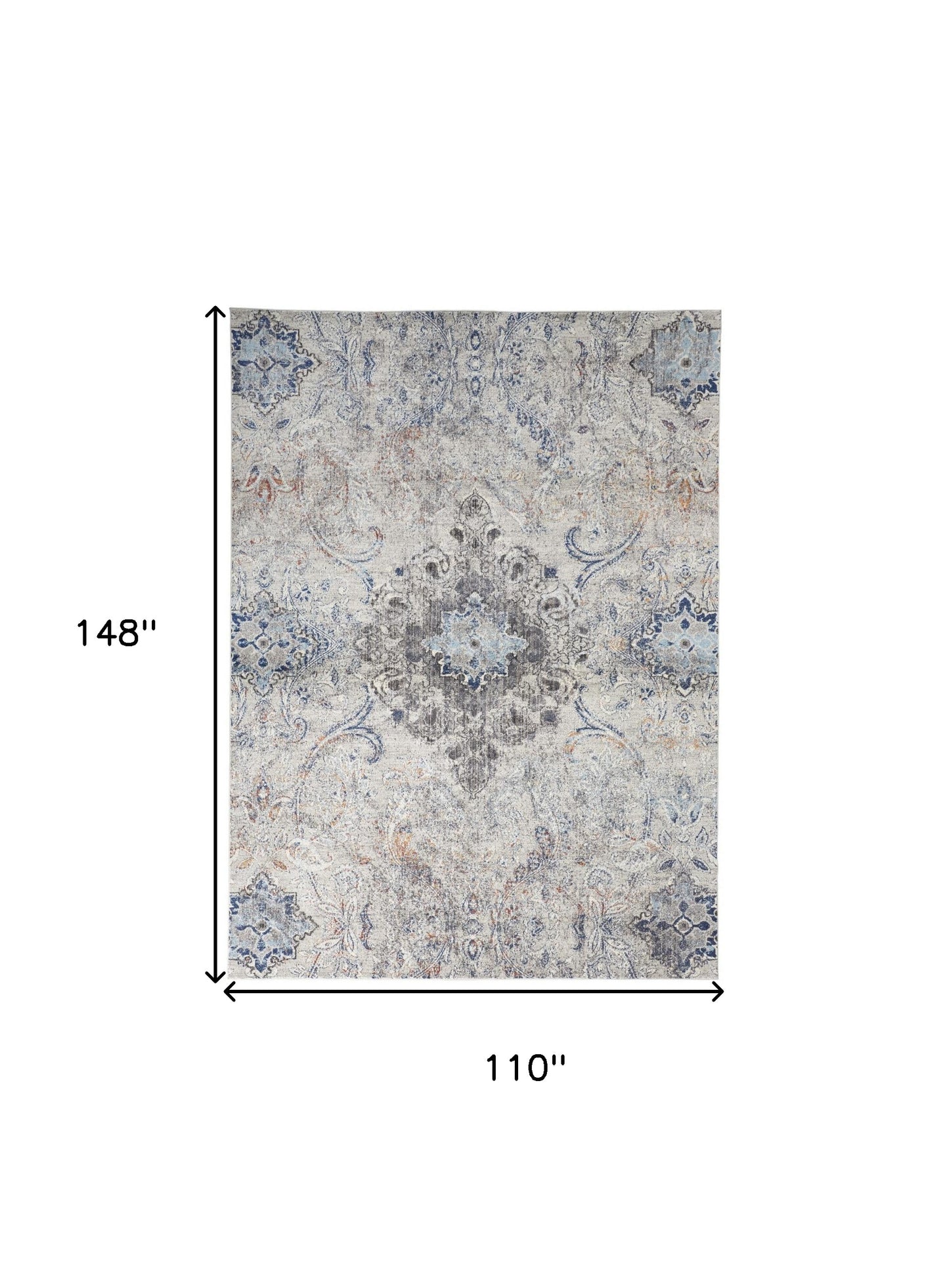 8' X 11' Ivory Taupe And Blue Floral Power Loom Distressed Stain Resistant Area Rug