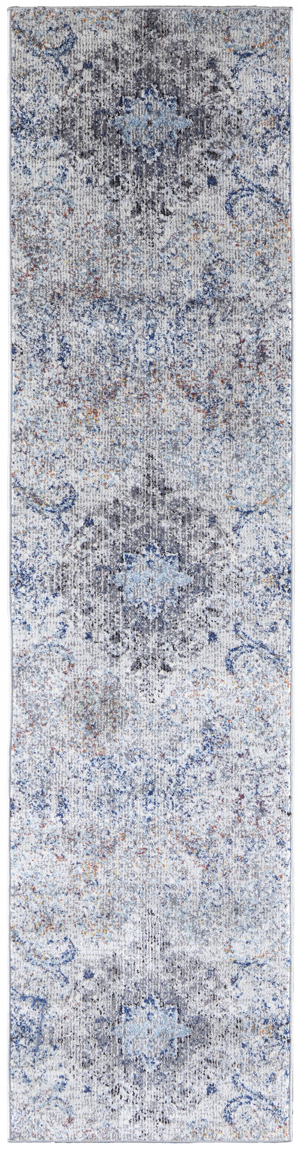 9' X 12' Ivory Taupe And Blue Floral Power Loom Distressed Stain Resistant Area Rug