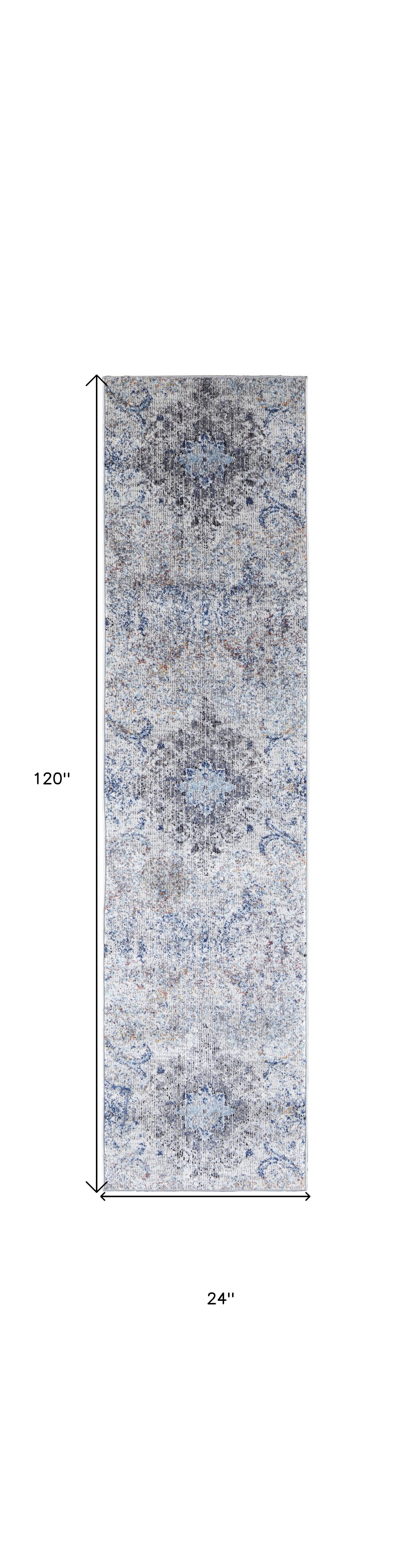 9' X 12' Ivory Taupe And Blue Floral Power Loom Distressed Stain Resistant Area Rug