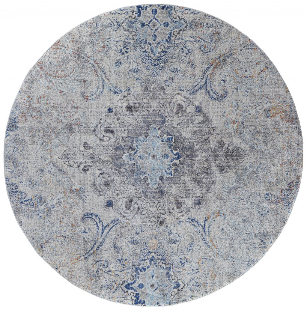 8' X 11' Ivory Taupe And Blue Floral Power Loom Distressed Stain Resistant Area Rug